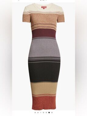 STAUD Colleen Colorblock Striped Multicolor Ribbed Knit Sweater Midi Dress